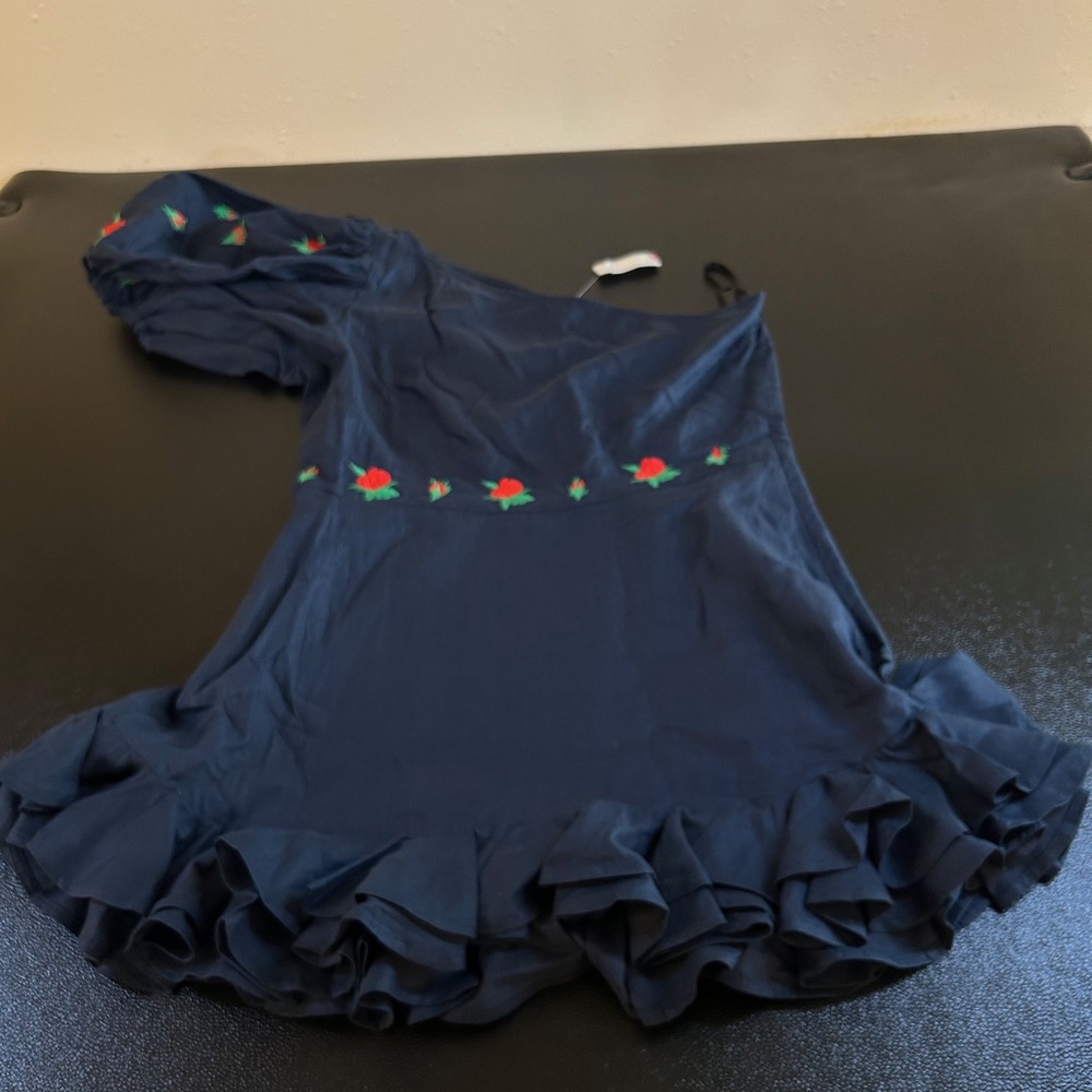 FANM MON One Shoulder Mini Dress Flame Linen Ruffle Hem Floral Navy Women XL NWT
